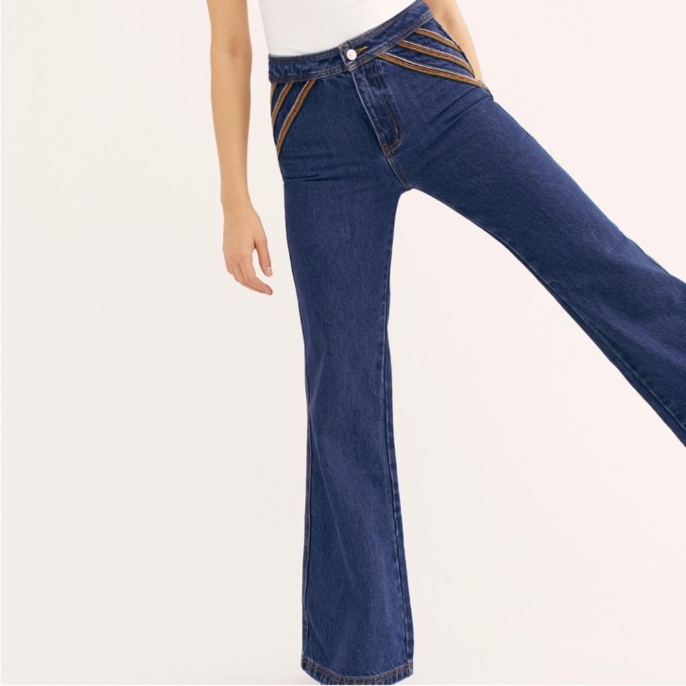 Free People Dark Blue Wide Leg Jeans with Brown Accent